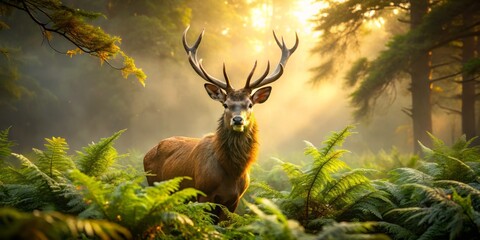 Fototapeta premium Lush ferns and gnarled tree trunks frame the deer's serene presence, as morning mist settles, casting a peaceful atmosphere, whispering ancient secrets.