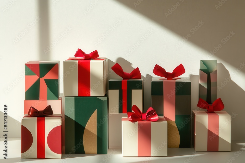 Leinwandbilder brightly wrapped christmas gift boxes with geometric designs and ribbons create a festive display ag