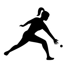 Stencil illustration of silhouette of a female American handball or wallball player hitting rubber ball with hand viewed from side on isolated background done in black and white retro style.