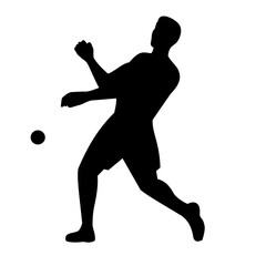 Stencil illustration of silhouette of a male American handball or wallball player hitting rubber ball with hand viewed from front on isolated background done in black and white retro style.
