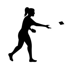 Stencil illustration of silhouette of a female cornhole player throwing a bean bag, a lawn game aka sack toss, or bags viewed from side on isolated background done in black and white retro style.
