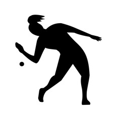 Stencil illustration of silhouette of a female American handball or wallball player hitting rubber ball with hand viewed from front on isolated background done in black and white retro style.