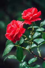 Fototapeta premium Vibrant red roses against a dark green background