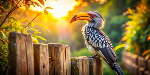 Obraz premium Moody sunlight highlights the hornbill's plumage atop a weathered fence, where peeling paint harmonizes with mottled feathers amidst verdant surroundings.