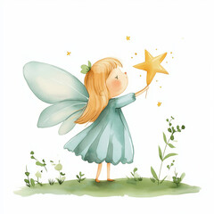 A charming fairy with delicate wings holds star, surrounded by greenery, evoking sense of magic and wonder.