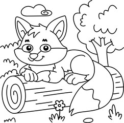 Drawing outline fox lying on a log, forest background.eps