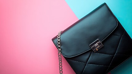 Black Leather Handbag with Chain Strap on Pink and Blue Background