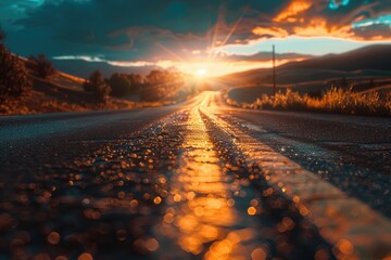 A wet road stretches out into the distance as the sun sets behind, creating a warm glow