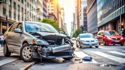 A car accident on a busy city street , Collision, crash, emergency, road, vehicle, wreck, chaotic, traffic, damaged, danger