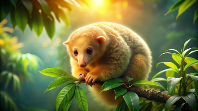 Silky anteater basks in warmth, serene amidst lush foliage, golden light dancing on downy fur, capturing quiet moments in misty, ethereal atmosphere with soft diffused light.