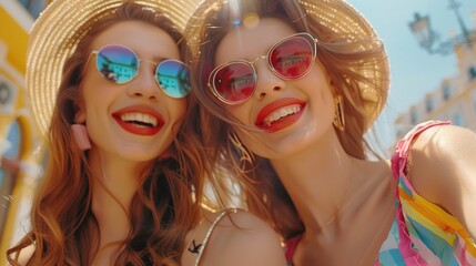 Obraz premium Two women with sunglasses and hats posing for a selfie