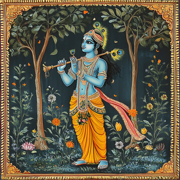 Traditional Madhubani Pichwai image from India of Lord Krishna surrounded by trees.
