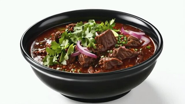 A bowl of birria, the rich, red broth with tender chunks of beef and a garnish of chopped onions and cilantro, served on black bowl, isolated on white background