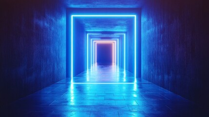 Obraz premium Futuristic neon door formed by blue lines of light in a symmetrical composition, featuring high contrast and a square opening illuminated by bright white lights.
