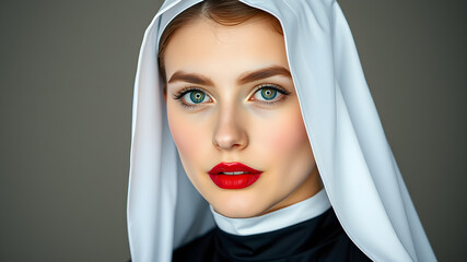 Naklejka premium Attractive young woman with red lipstick and christian nun habit with veil. Generative AI