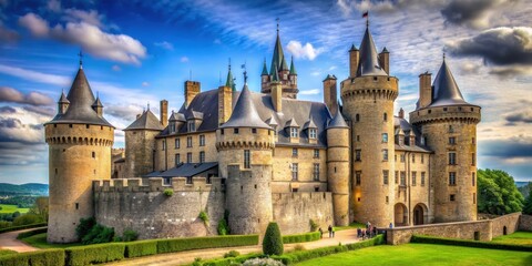 Fototapeta premium Majestic castle with towering turrets and stone walls, fortress, medieval, royalty, architecture, historic, kingdom