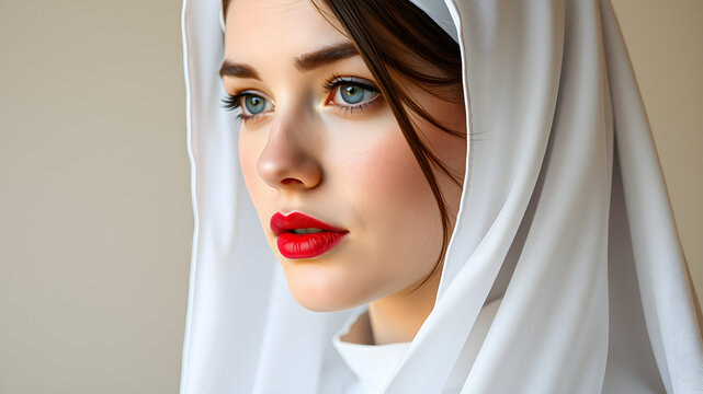 Attractive young woman with red lipstick and christian nun habit with veil. Generative AI