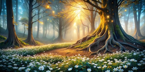 Soft blue skies transition seamlessly to radiant gold, infusing the forest with whimsy and wonder, as mist and flowers dance in harmony.