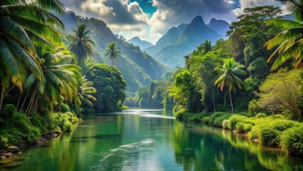 Fototapeta premium Lush tropical river surrounded by mountains and lush vegetation , Rio Milagros, river, tropical, mountains, lush