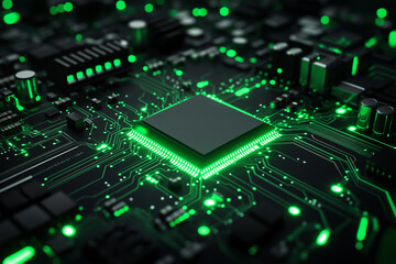 Obraz premium Microcircuit Board with Glowing Green Pathways
