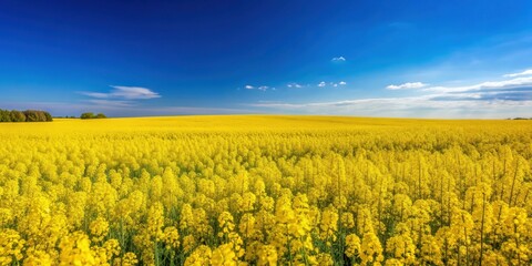 Fototapeta premium Rapeseed field with vibrant yellow flowers under clear blue sky, canola, rapeseed, field, flowers, blooming, yellow