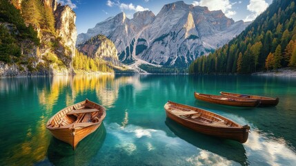 Obraz premium Tranquil Mountain Lake with Boats
