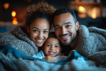 A cozy photograph of parents reading a bedtime story to their children, all cuddled up under a soft blanket. The parents are sitting on the bed, with the children snuggled close, listening intently. 