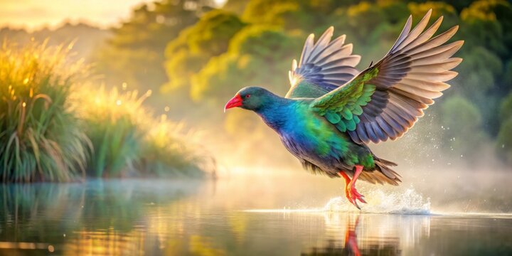 Takahe takes flight, surrounded by misty dawn and serene wetlands, its emerald green and iridescent blue feathers glistening with dew, set amidst lush vegetation's texture.