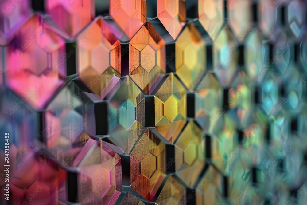 Poster a close-up view of a vibrant glass wall with intricate designs and patterns