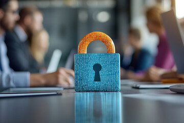Business meeting discussing cybersecurity with watercolor digital padlock, cybersecurity, strategy planning concept