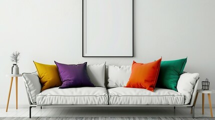 White Sofa with Colorful Pillows and Blank Frame in Minimalist Interior