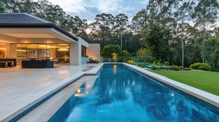 Fototapeta premium Modern Home with Swimming Pool and Lush Greenery