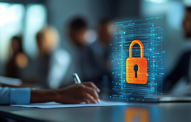 Business meeting discussing cybersecurity with watercolor digital padlock, cybersecurity, strategy planning concept