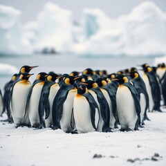 Obraz premium A lively group of emperor penguins gathers on the snowy landscape of Antarctica, showcasing their distinct black and white feathers and bright orange markings