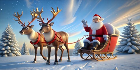 Fototapeta premium 3d rendering of santa claus and his reindeer pulled sleigh with a friend
