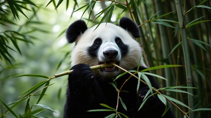 Obraz premium A giant panda happily munches on bamboo shoots surrounded by lush greenery, showcasing its love for this favorite food in a serene environment
