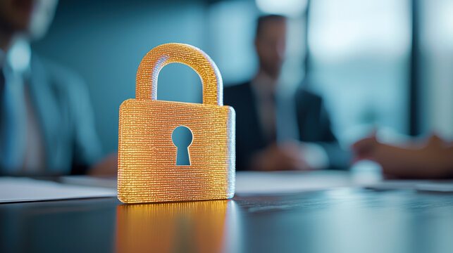 Business meeting discussing cybersecurity with watercolor digital padlock, cybersecurity, strategy planning concept