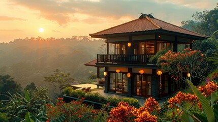 Sunset View of a Traditional Japanese House in a Lush Green Landscape