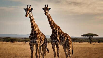 Two majestic giraffes stand side by side in the vast African savannah, their long necks reaching towards the sky as they gracefully observe their surroundings during sunset