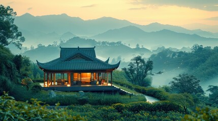 Traditional Asian Pavilion nestled amidst a misty mountain landscape.
