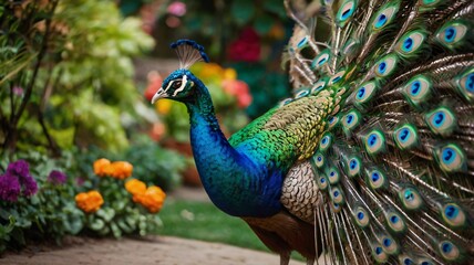 Obraz premium The peacock elegantly displays its colorful feathers amidst a lush garden filled with blooming flowers and greenery, capturing the beauty of nature