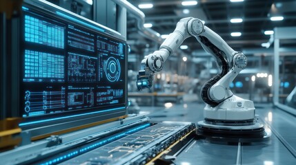 A robotic arm in an industrial factory is being used to form the production line of electronic products