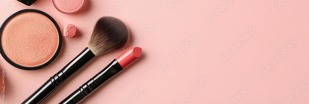 Poster a collection of essential cosmetic products is artistically arranged on a soft light background, sho