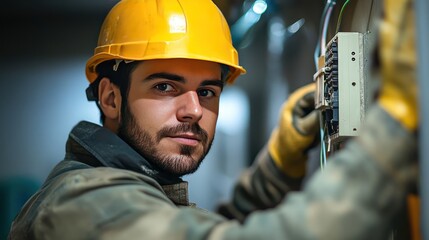 An electrician fixing electricity in an building in construction process