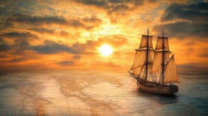 Obraz premium sailboat on a map with a sun setting