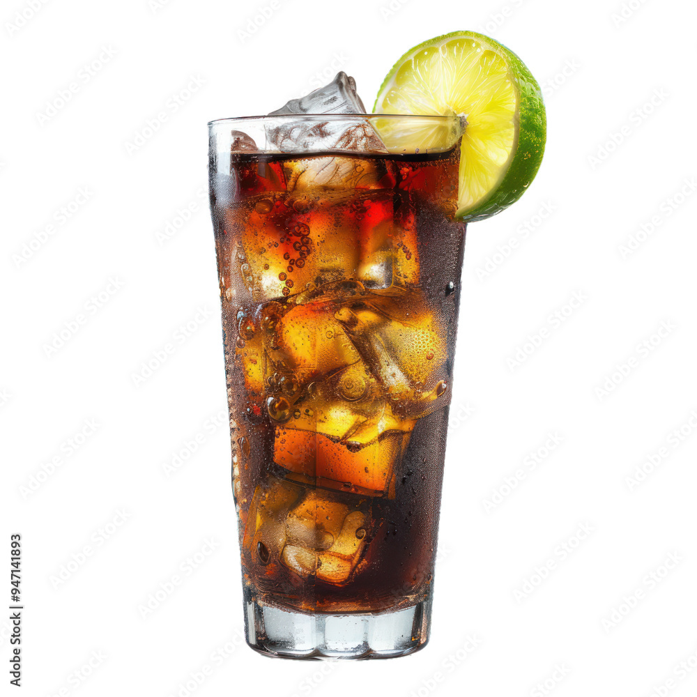 Aufkleber refreshing glass of cola with ice cubes and lime wedge, isolated on a white background