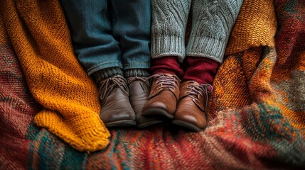 Close-up of elderly couple's feet, intertwined under a blanket, cozy and intimate moment