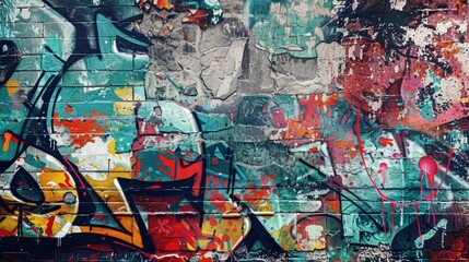 Fototapeta premium A brick wall with vibrant street art and murals, suitable for urban or creative backgrounds
