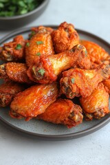 Crispy fried chicken wings with garnish, american cuisine