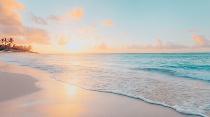 Obraz premium Tropical Beach Sunset with Calm Ocean Waves and Palm Trees